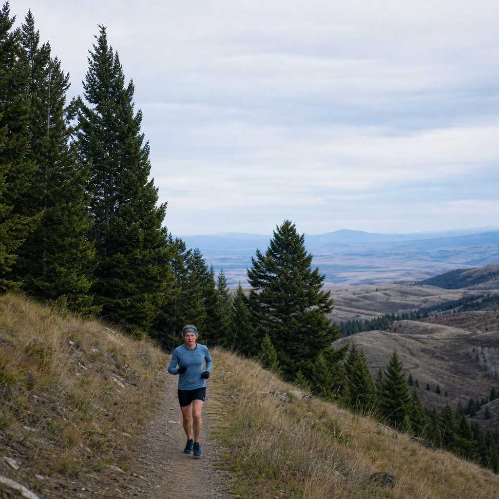 A runner on a mountain trail with pine trees and big sky