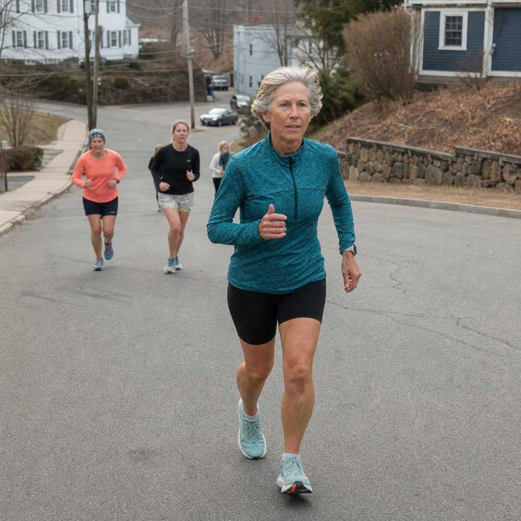 An older runner running strongly up a gentle road incline in the morning