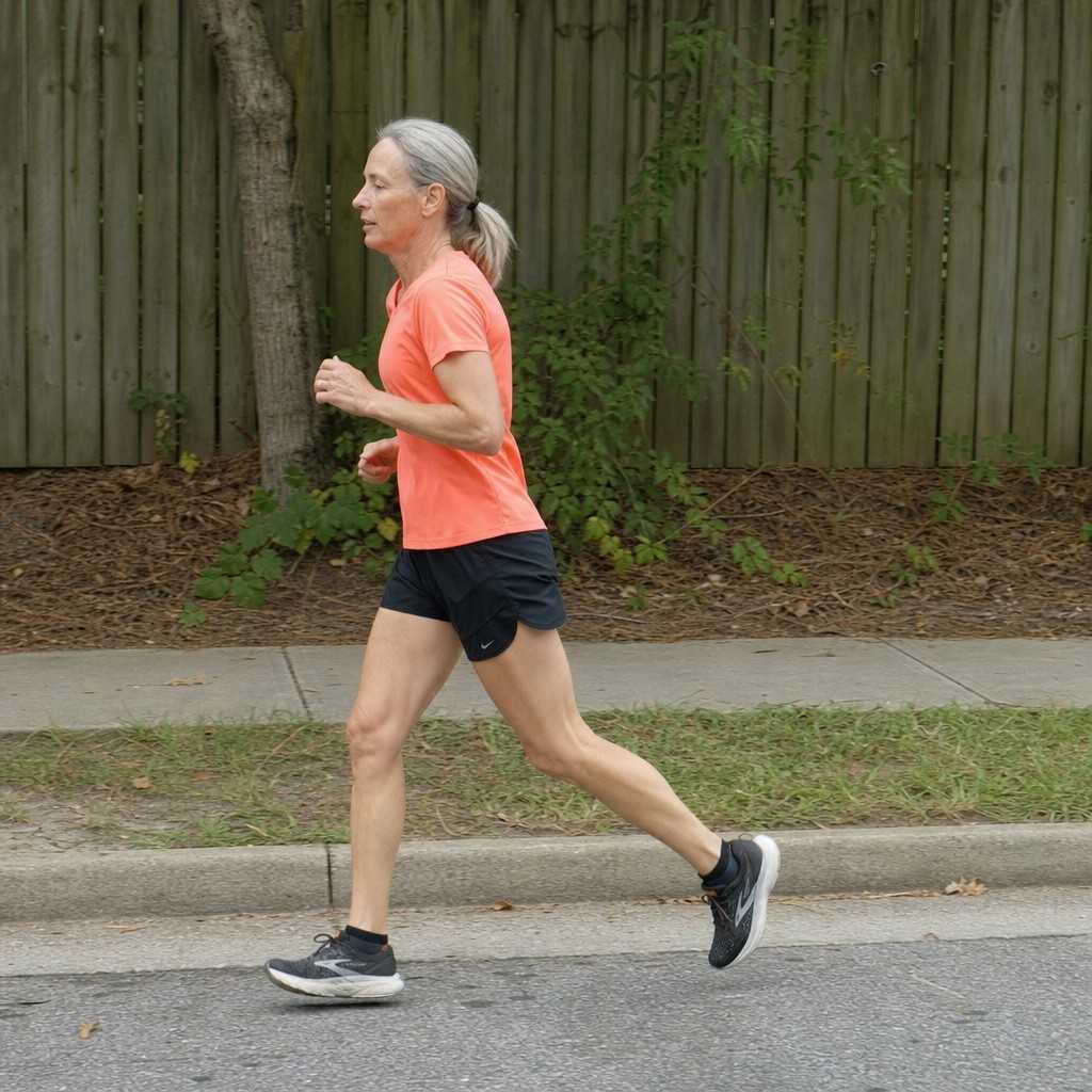 An older runner doing a brisk faster stride on a quiet neighborhood road