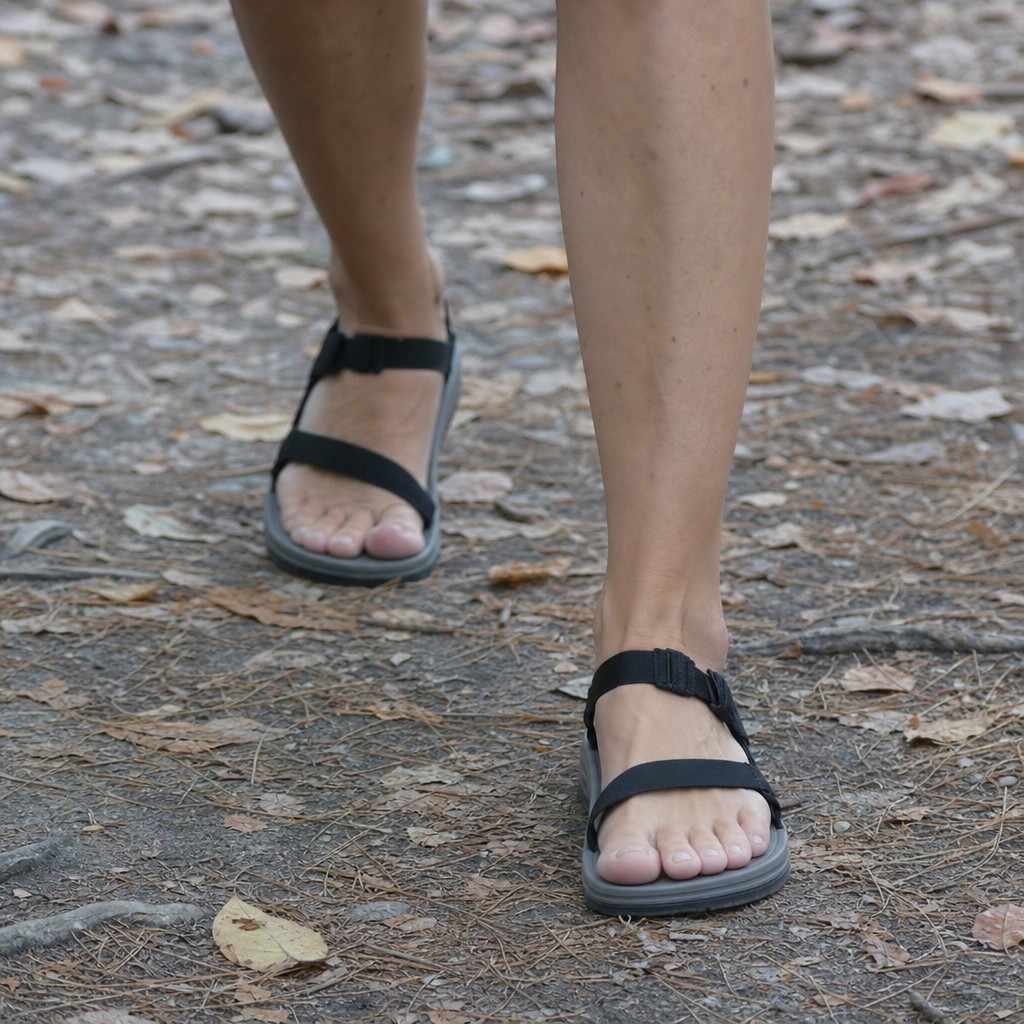 Feet on a soft dirt forest trail, natural ground feel