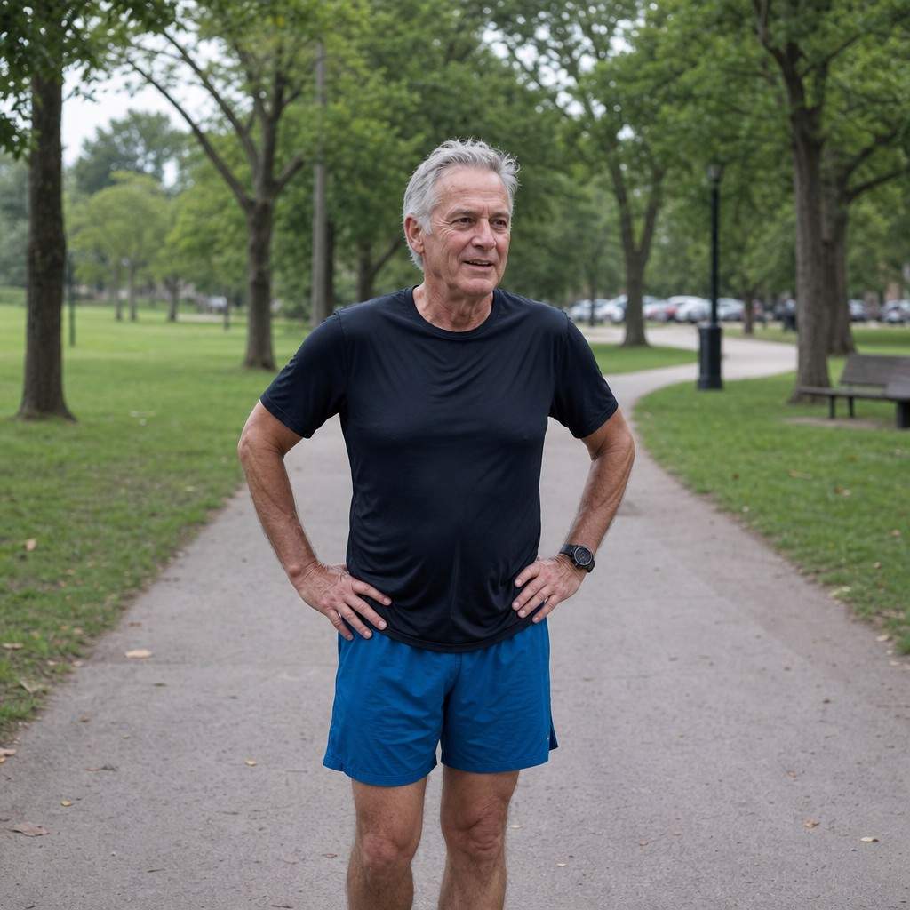 An older runner walking to cool down on a park path after an easy run