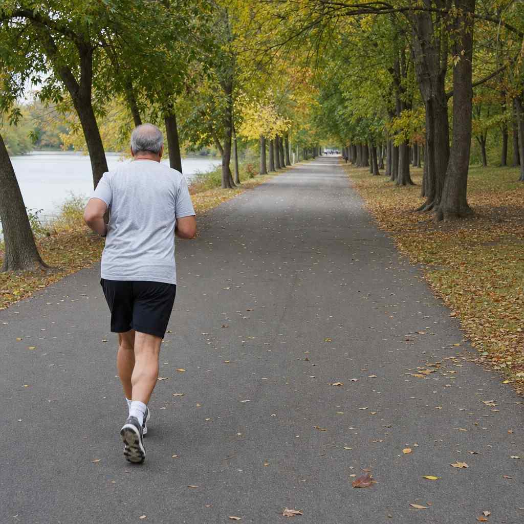 An older runner seen from behind running down a long tree-lined path into the distance