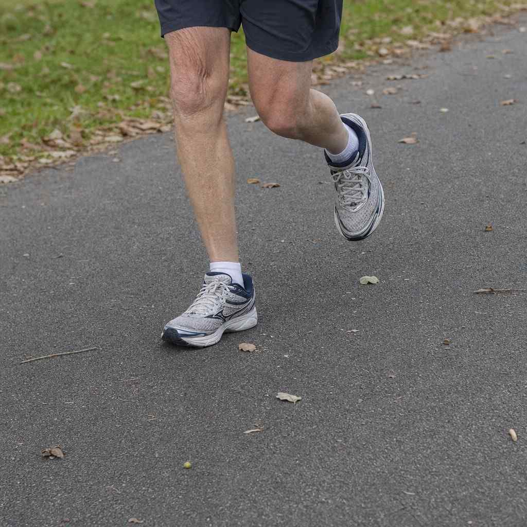 Close-up of an older runner's lower legs, knees, and running shoes mid-stride on a paved path