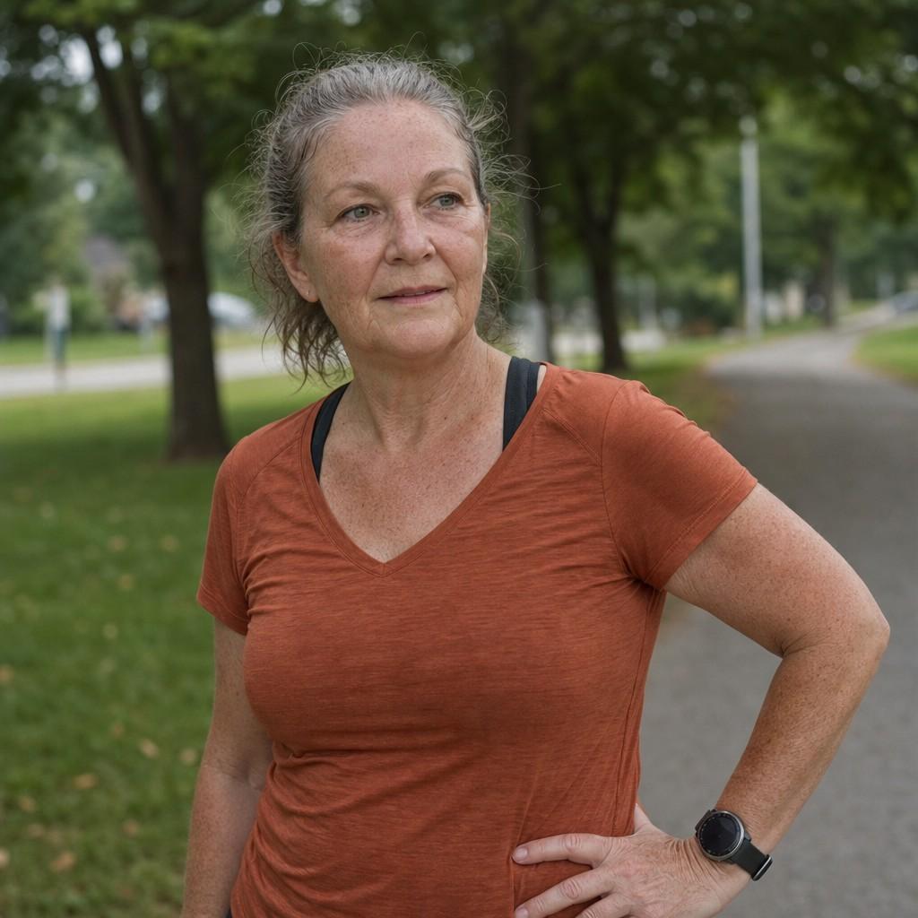 A woman around sixty pausing during a run on a park path, looking calm and content