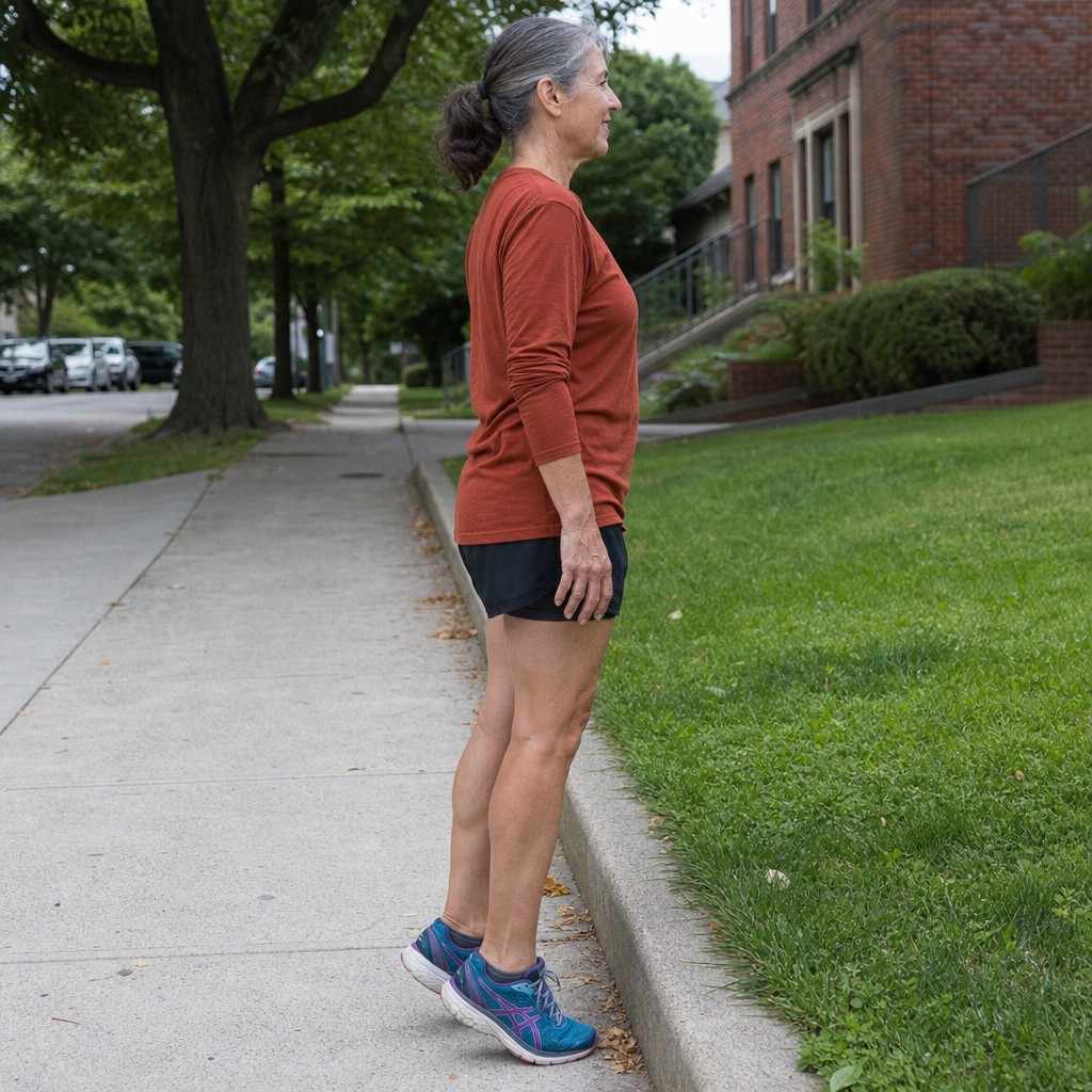 An older woman doing a calf raise on a low curb as a simple bone-loading exercise after a run