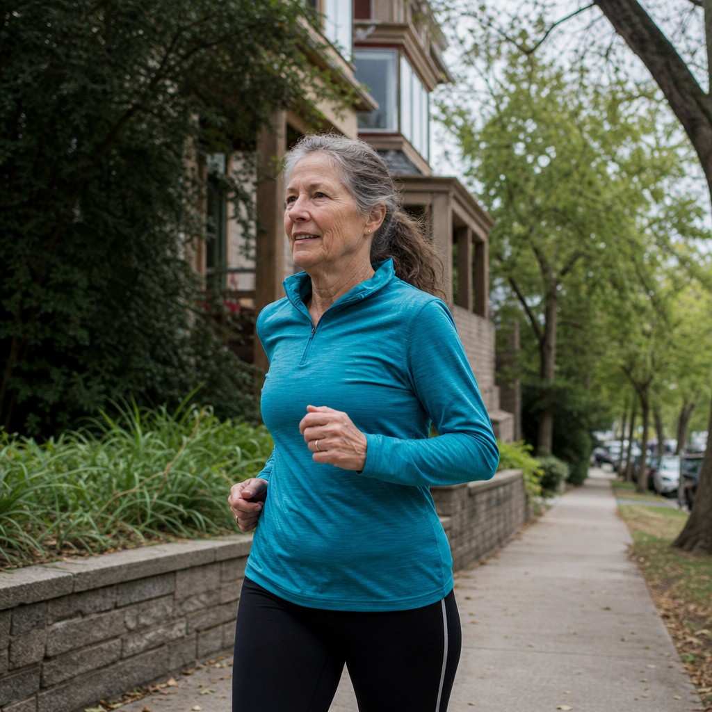 A woman runner around sixty running at an easy pace on a tree-lined sidewalk in the morning