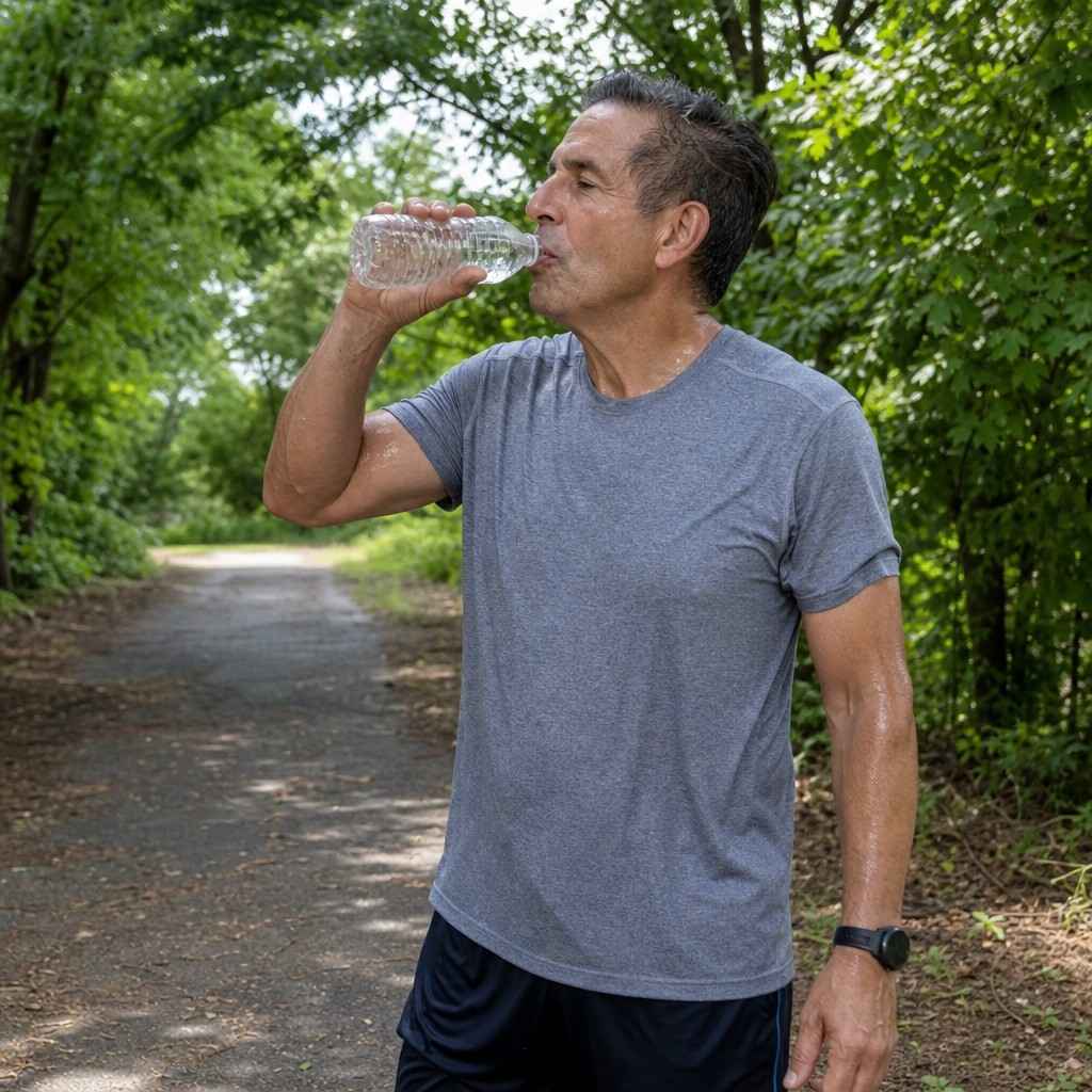 A runner pausing to drink water on a shaded path
