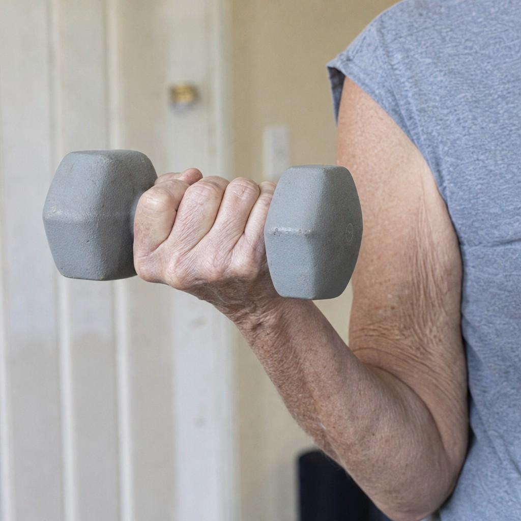 Close-up of older hands gripping a light dumbbell