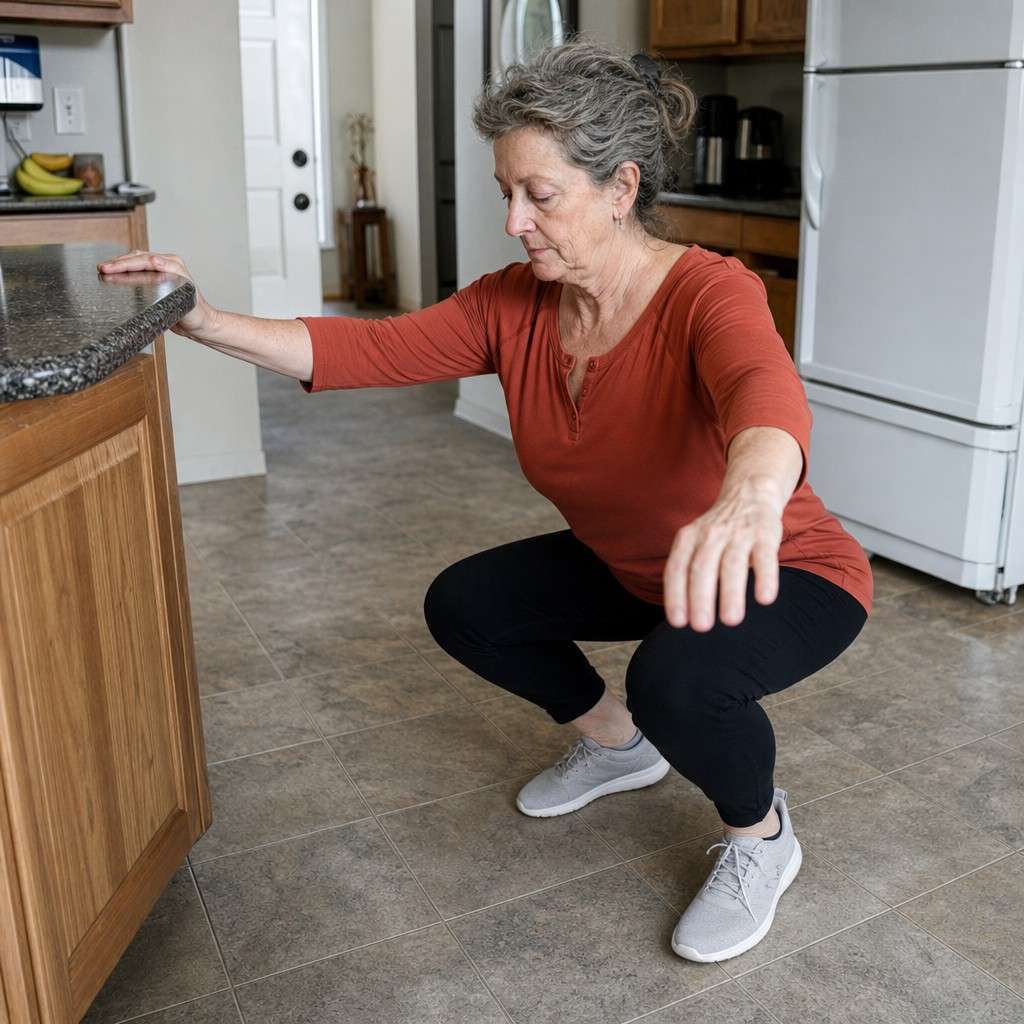 An older woman doing a bodyweight squat next to a kitchen counter for balance