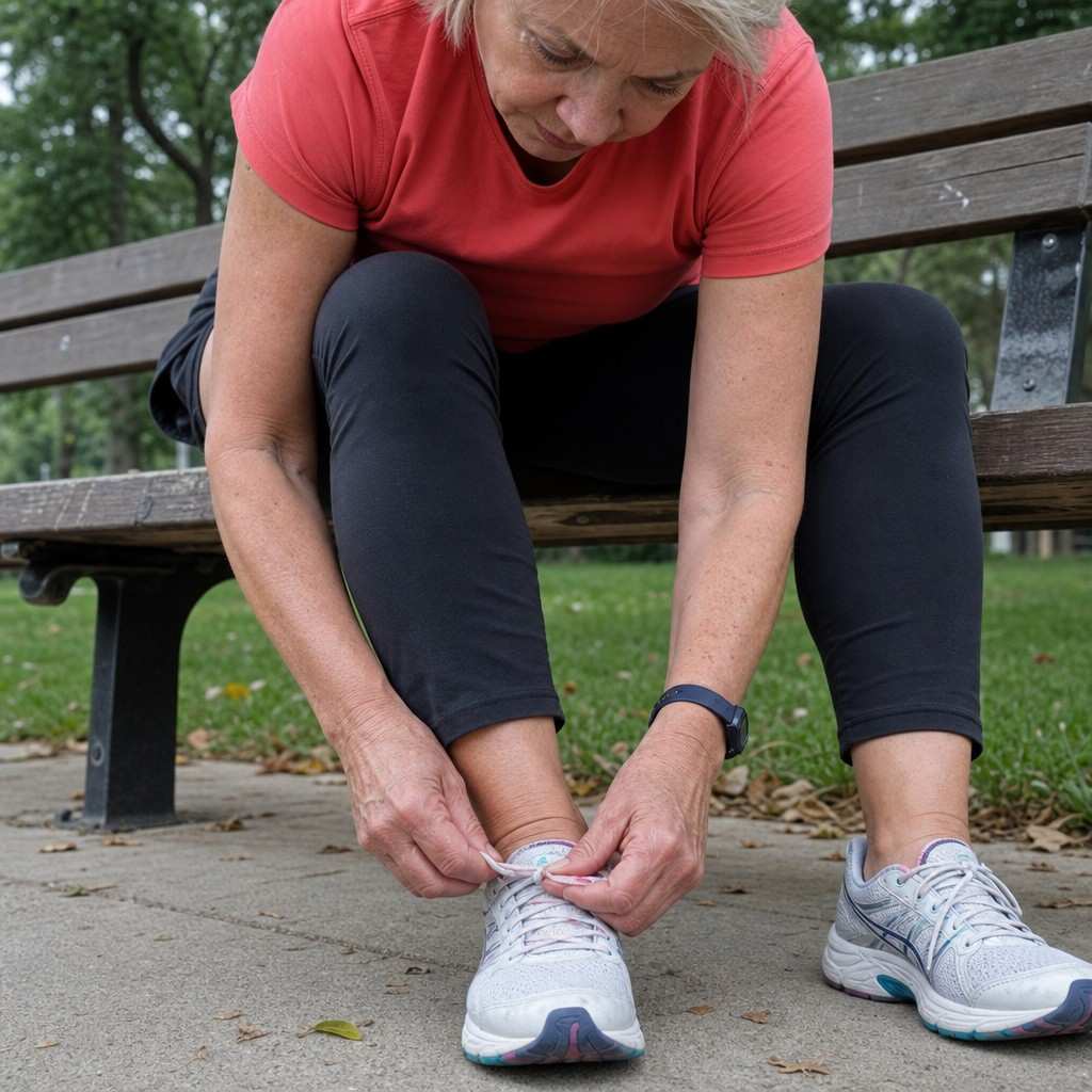 Close-up of an older woman lacing up her running shoes on a park bench before a run