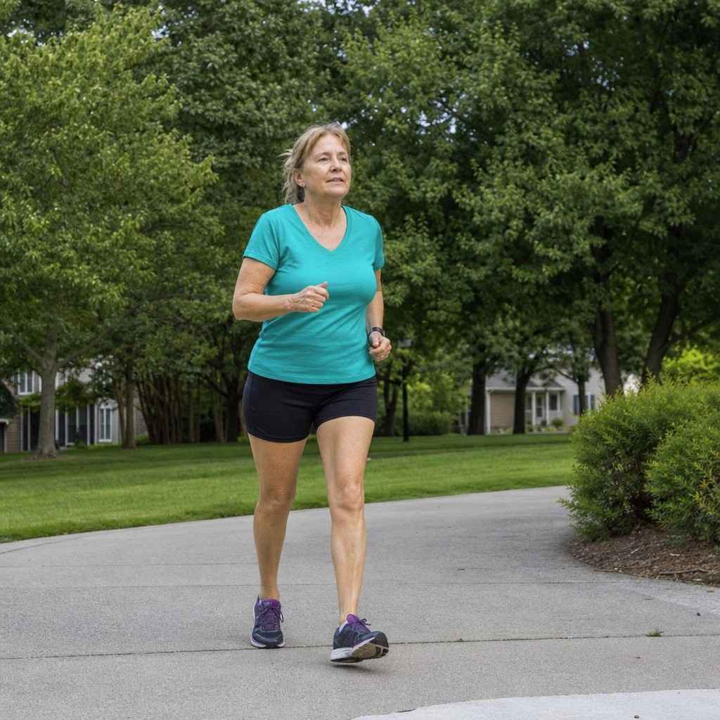 A woman around sixty walking briskly during a deliberate walk break on a park path