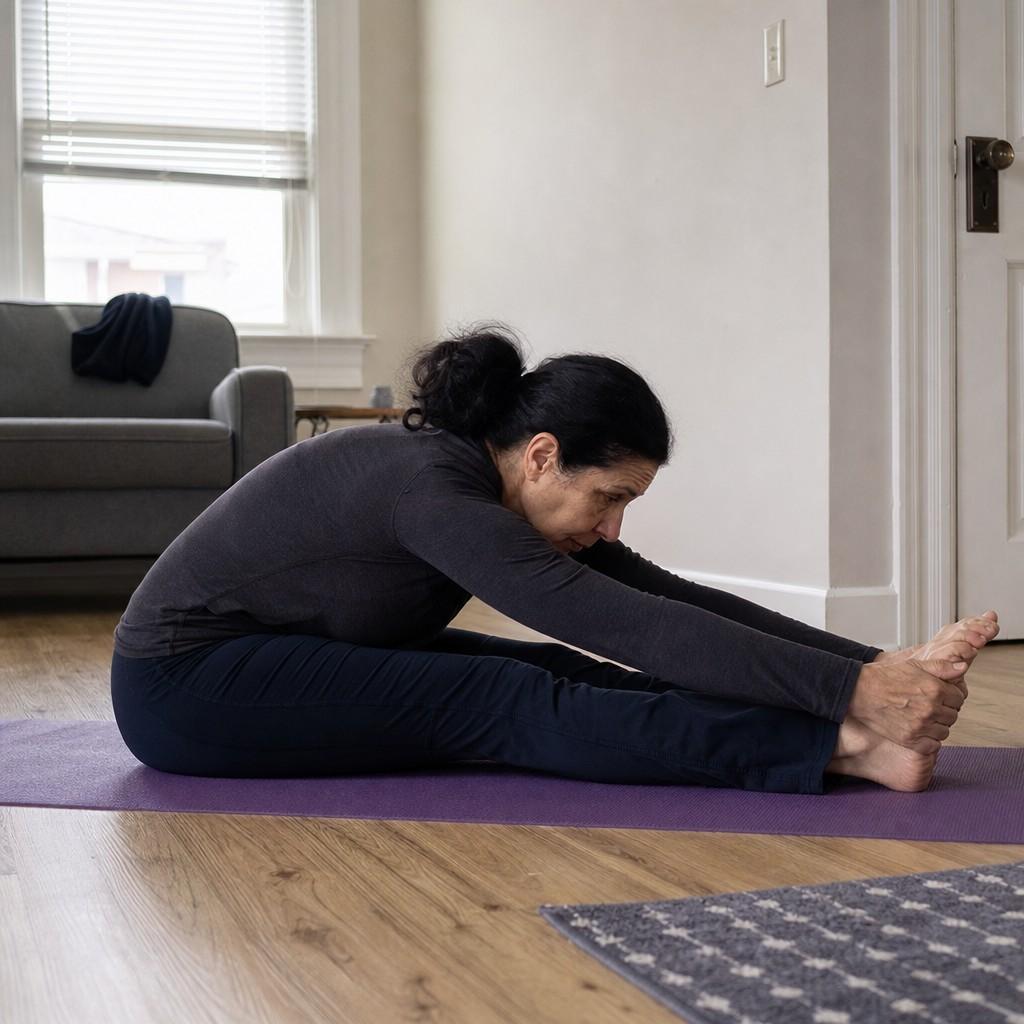 A seated forward-fold hamstring stretch at home